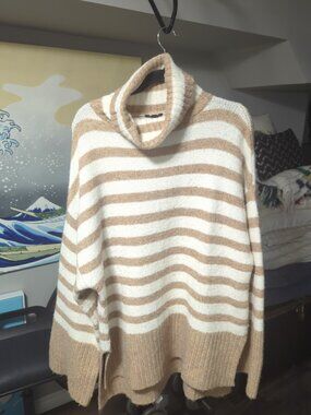 Buffalo Jeans Pullover Cowl Neck Sweater Ladies Large Striped Brown Ivory White